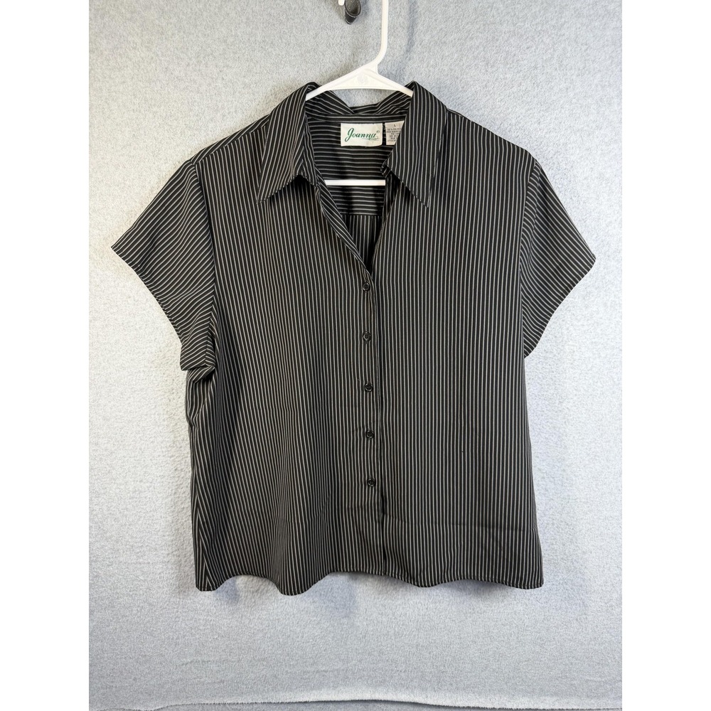 Joanna Shirt Womens Large Black White Striped Button Up Short Sleeve Top